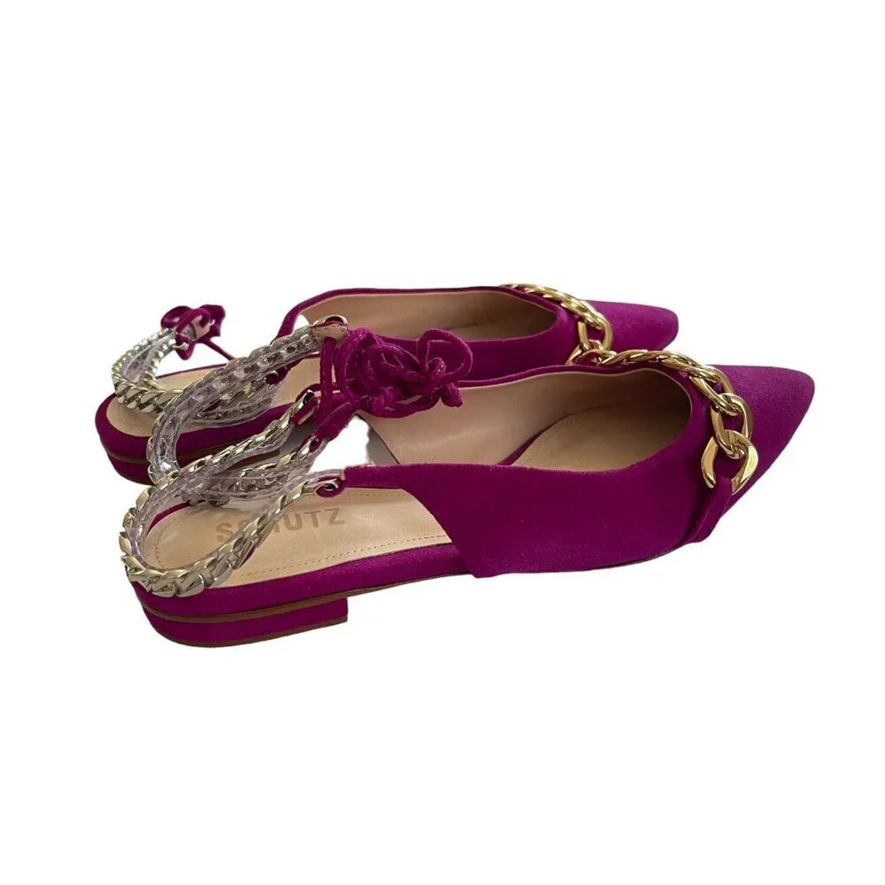 Schutz Size 9.5 Odilenny Flat Violet Pink Pointed Toe Suede Chain Ankle Tie